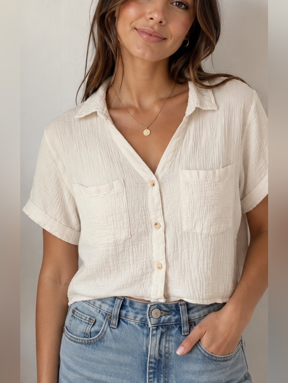Love Notes White Stripe Cropped Button-Down Linen Top Size Medium